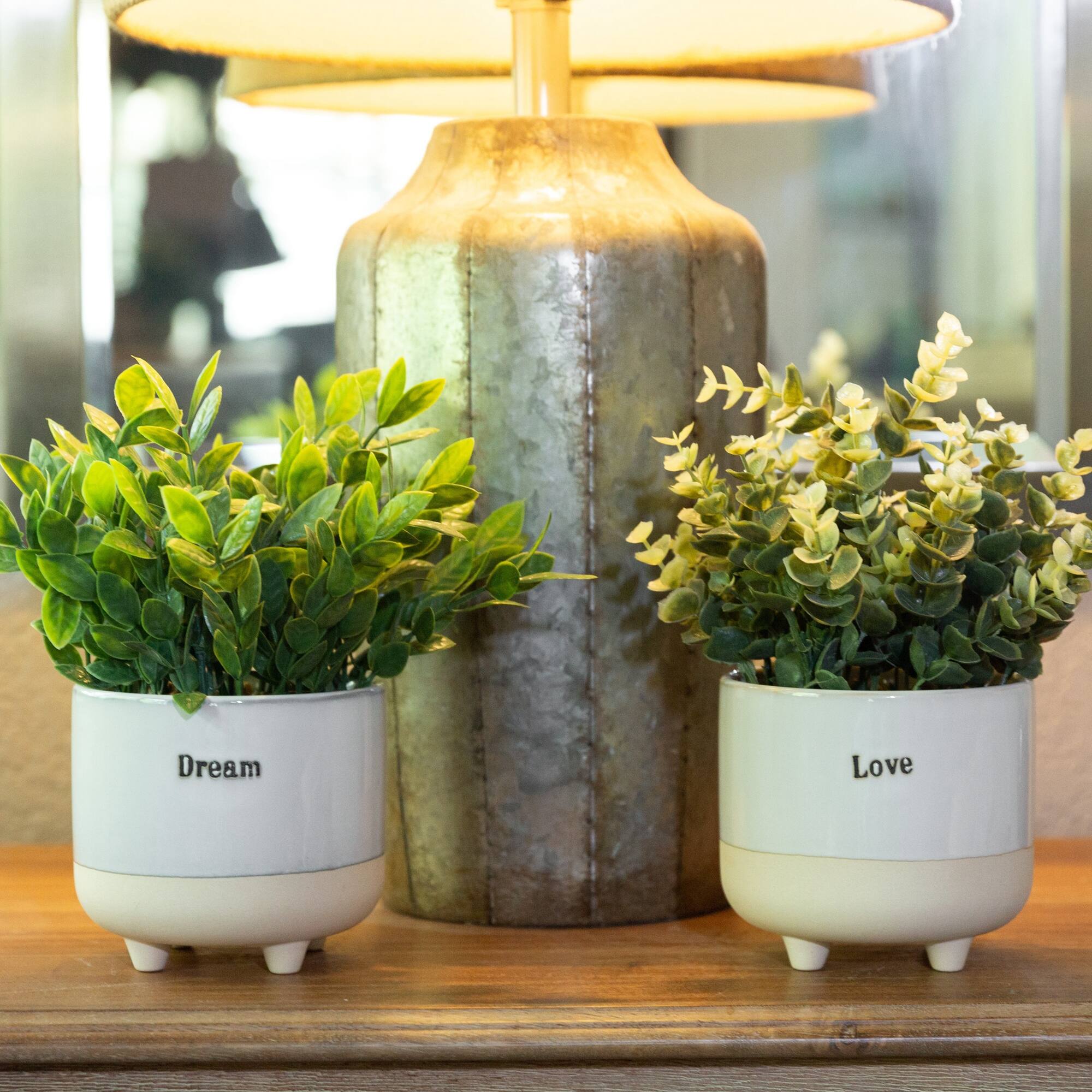 Flora Bunda® 4.75" Eucalyptus In Tea Leaf In Dream Ceramic & Love Text Footed Set
